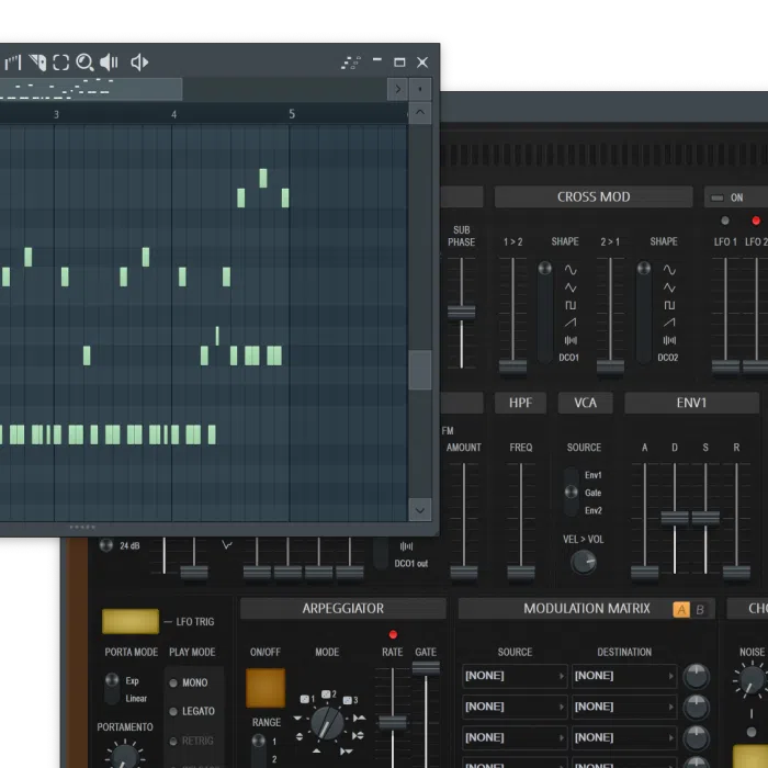 Piano roll notes stacked over a synth panel
