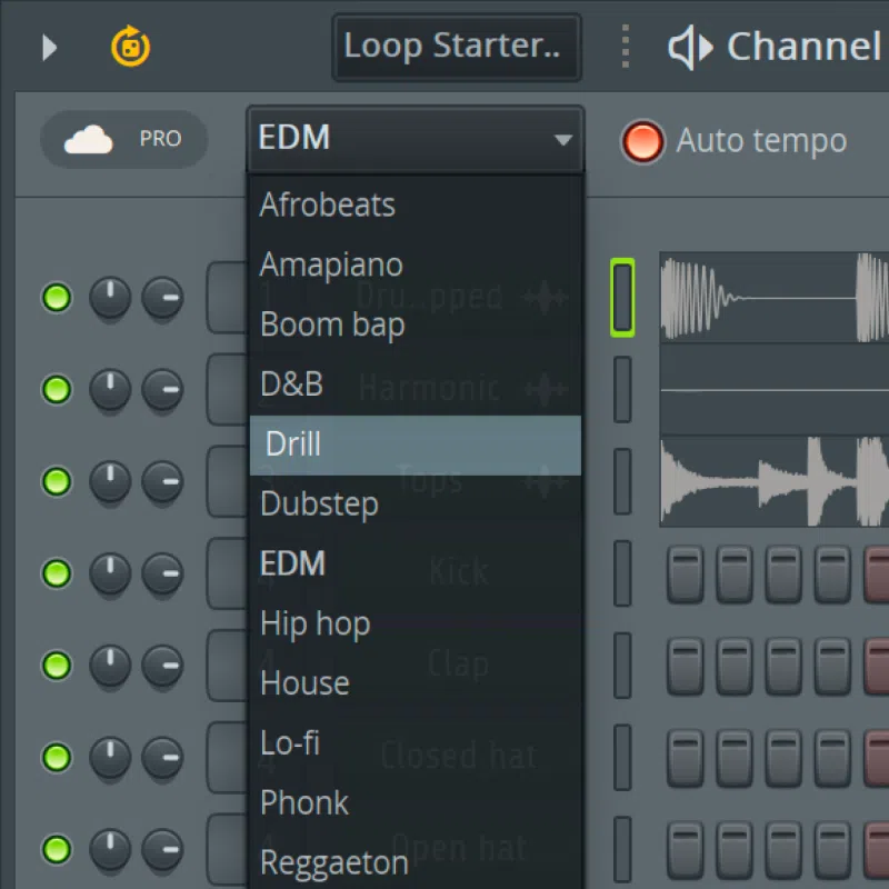 Loop Starter genre menu over the Channel Rack