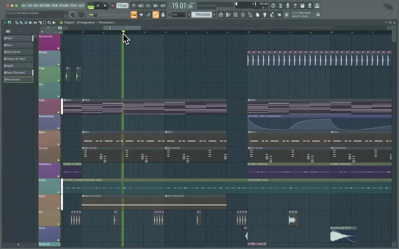 FL Studio playlist with pattern clips, audio lanes, and automation